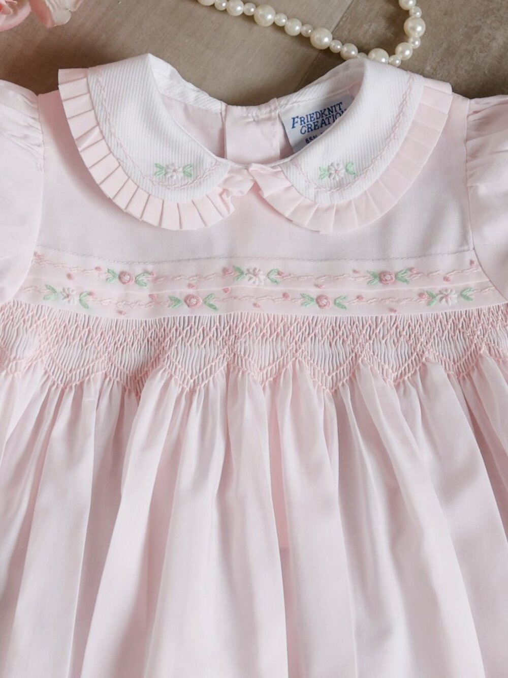 Smocked Pink Dress Friedknit by Feltman Brothers Size 6/9  Month Hand Embroidery - Picture 2 of 6